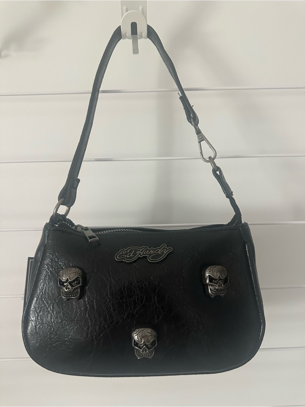 Ed Hardy Black Mini Shoulder Bag with Silver Skull Accents